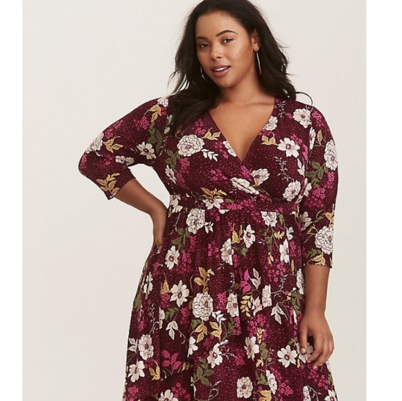 Torrid Burgundy Floral Print Woven Faux Wrap Dress - Picture 2 of 8